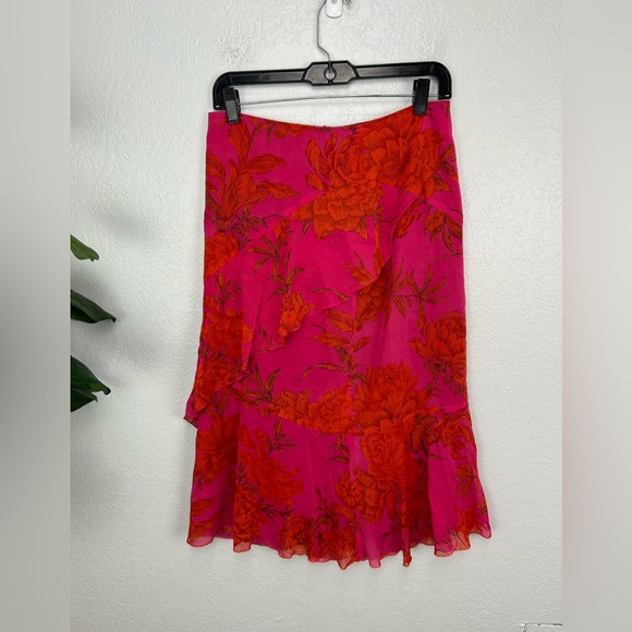 MaxMara Y2K Pink Fuchsia Ruffle Faux Wrap High Waisted MIDI Skirt - Picture 2 of 7